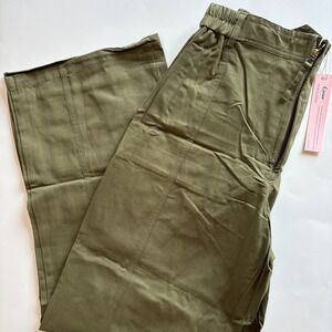 Qinsen Women's Small Olive Green High Waist Wide Leg Cargo‎ Pants Elastic NWT